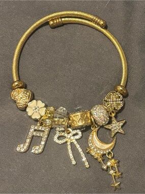Gold Charm Bangle Bracelet with Moon, Stars & Musical Note Charms